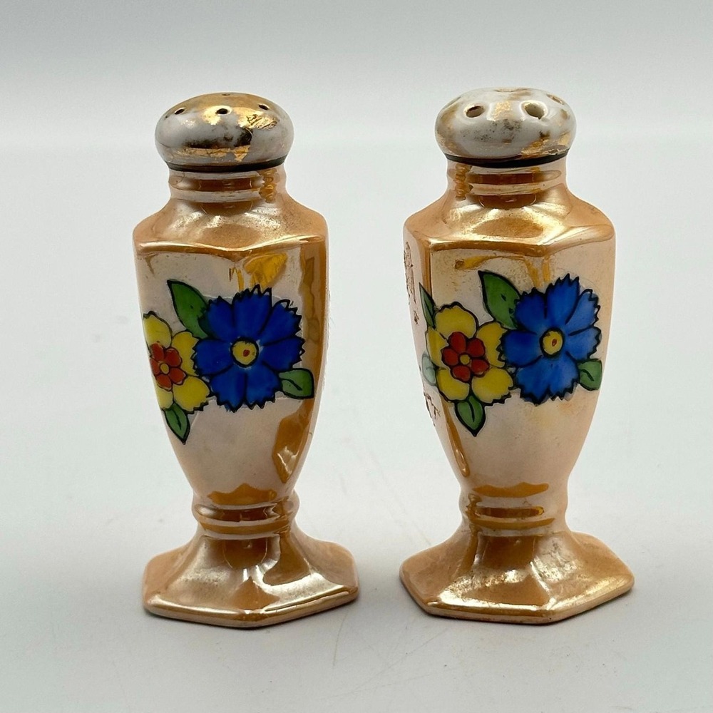 Orange Lusterware Salt Pepper Shakers Painted Flowers‎ Trim Gold made Japan